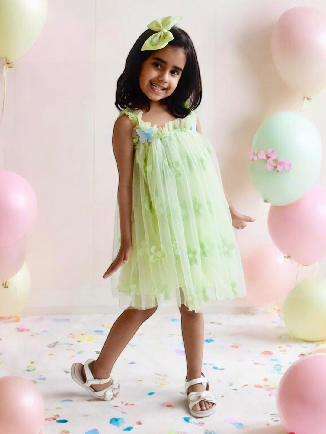 Fayon Kids Girls Floral Self Design Net A-Line Dress