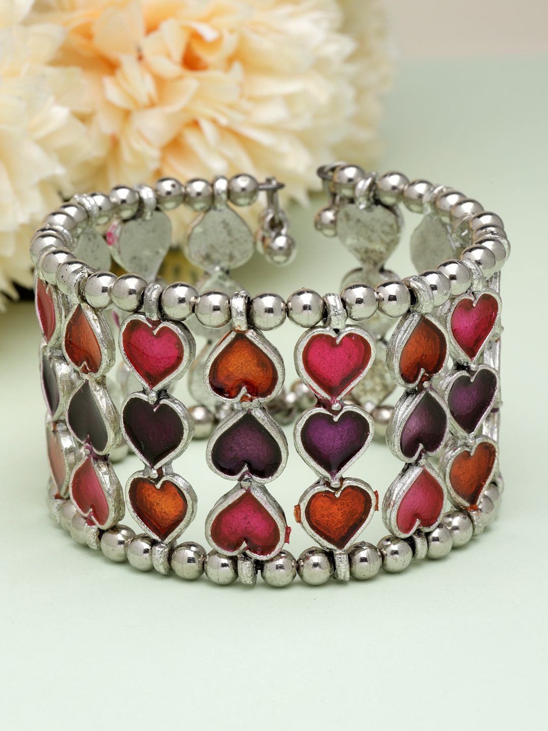 Moedbuille Silver-Plated Meenakari Heart Shape Afghan Design Cuff Bracelet
