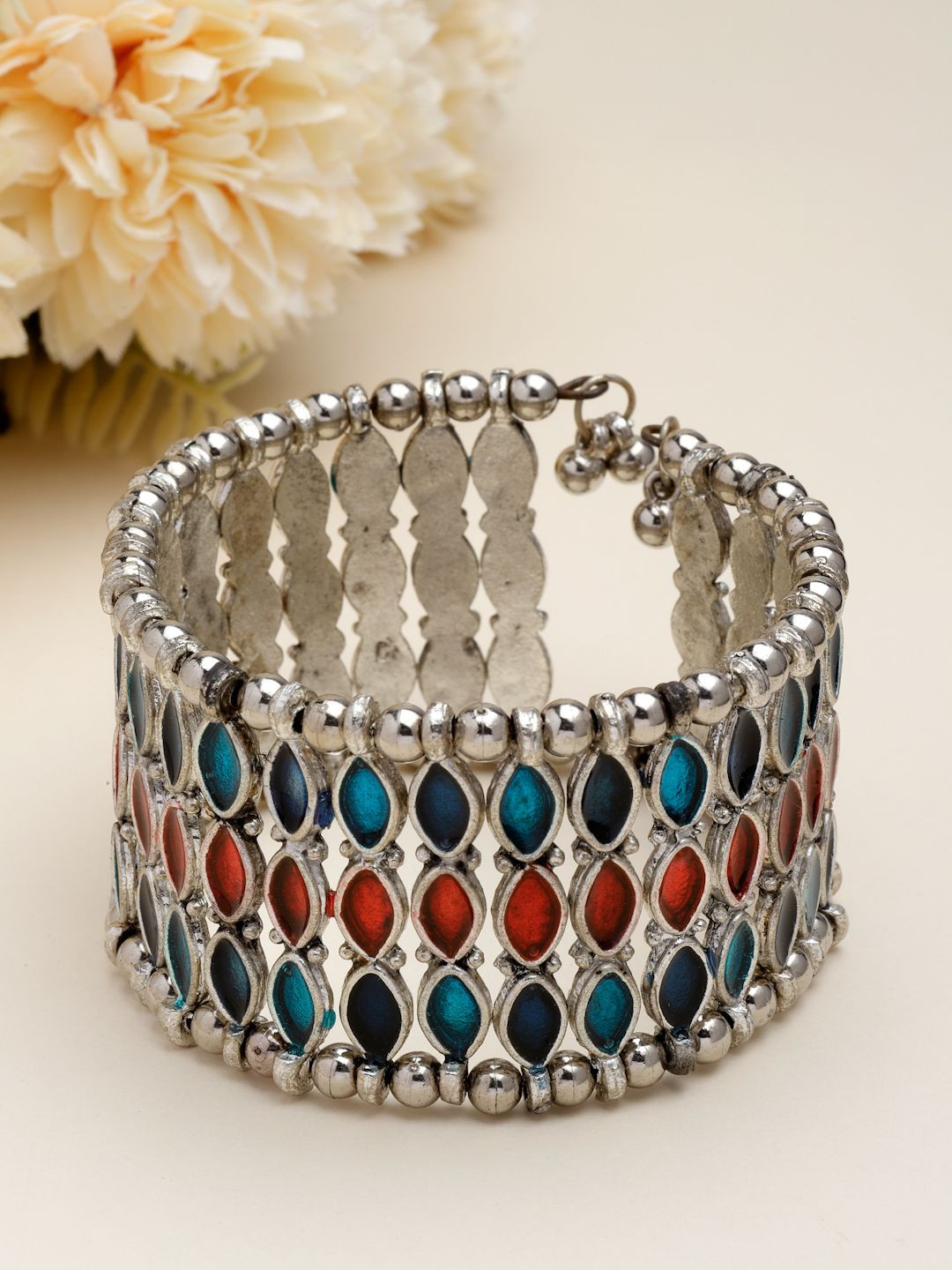 Moedbuille Silver-Plated Meenakari Work Antique Afghan Design Cuff Bracelet