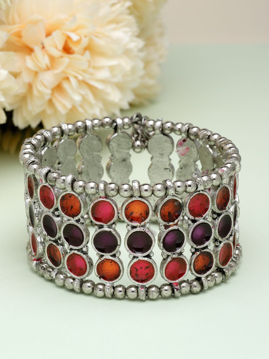 Moedbuille Silver-Plated Meenakari Work Antique Afghan Design Cuff Bracelet
