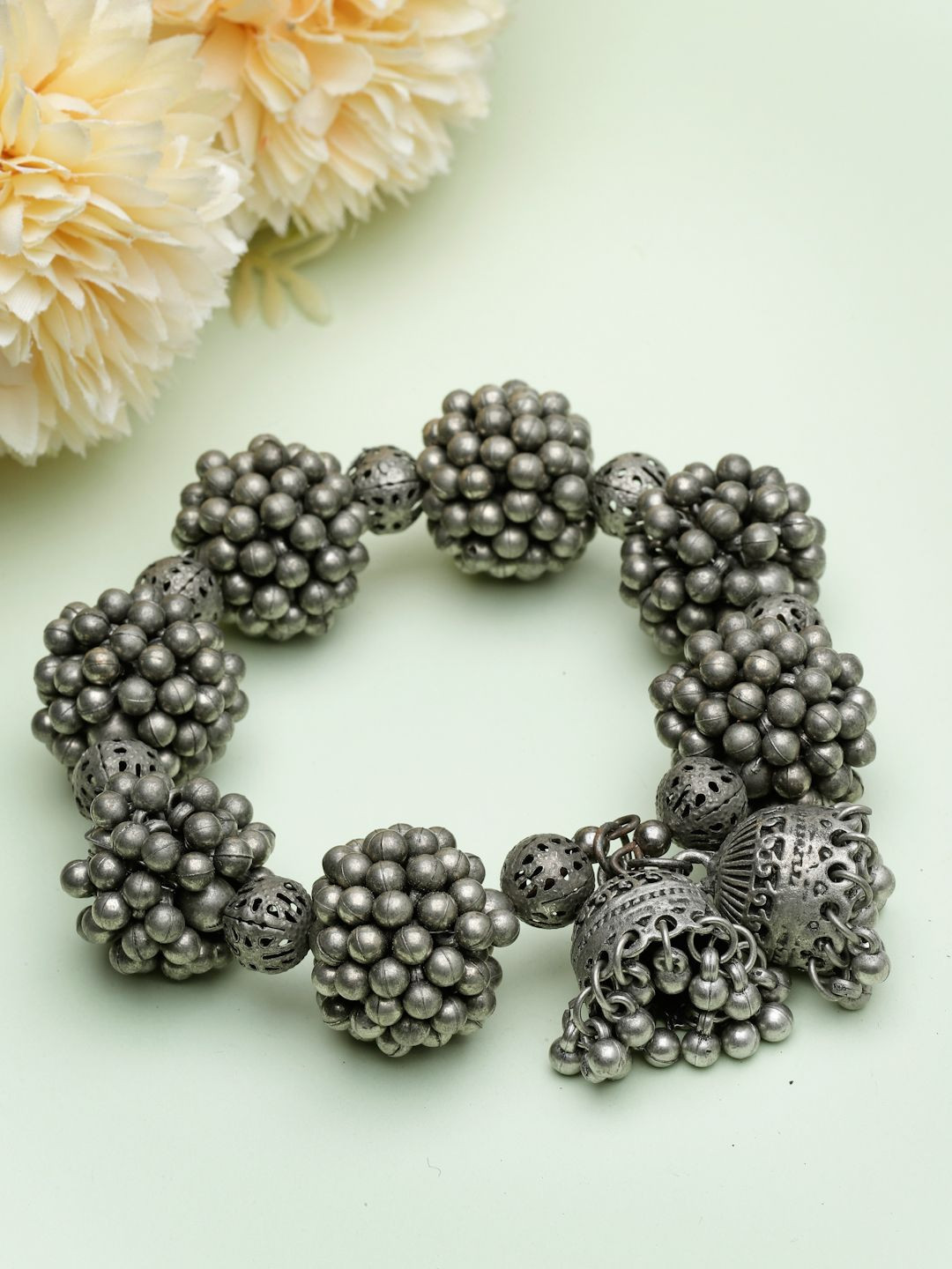 Moedbuille Silver-Plated Ghungroo Studded Filigree Work Oxidised Bangle-Style Bracelet