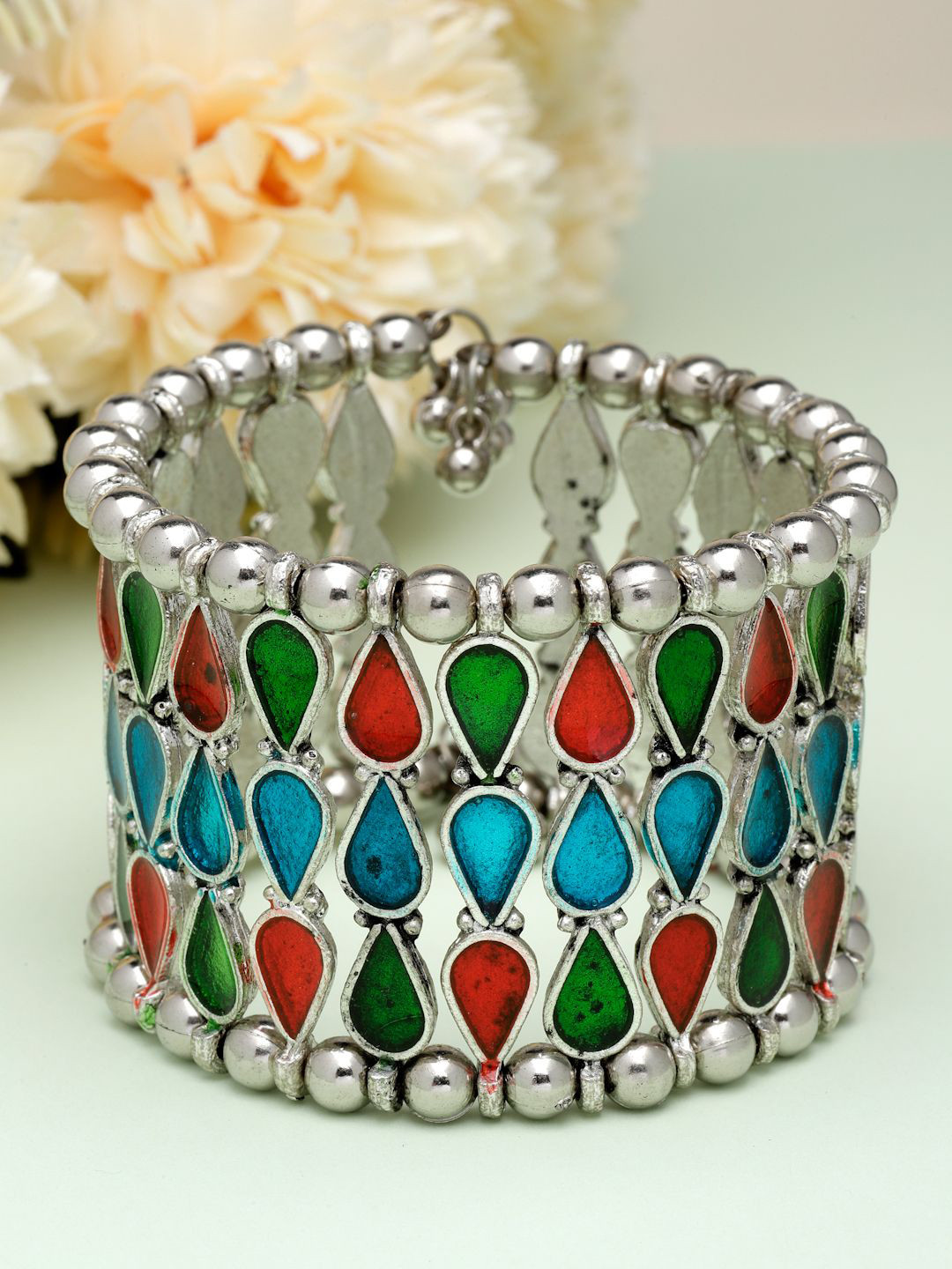 Moedbuille Silver-Plated Meenakari Work Afghan Teardrop Design Cuff Bracelet