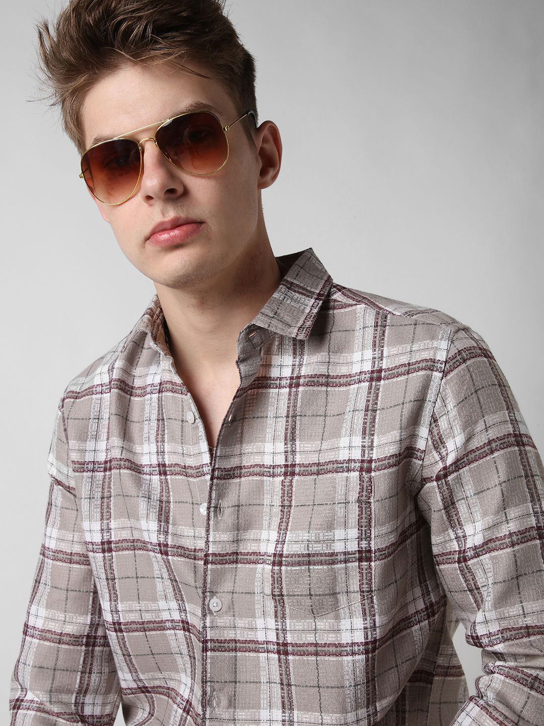 VASTRADO Jacquard Checkered Tartan Checks Cotton Long Sleeves Slim Fit Shirt