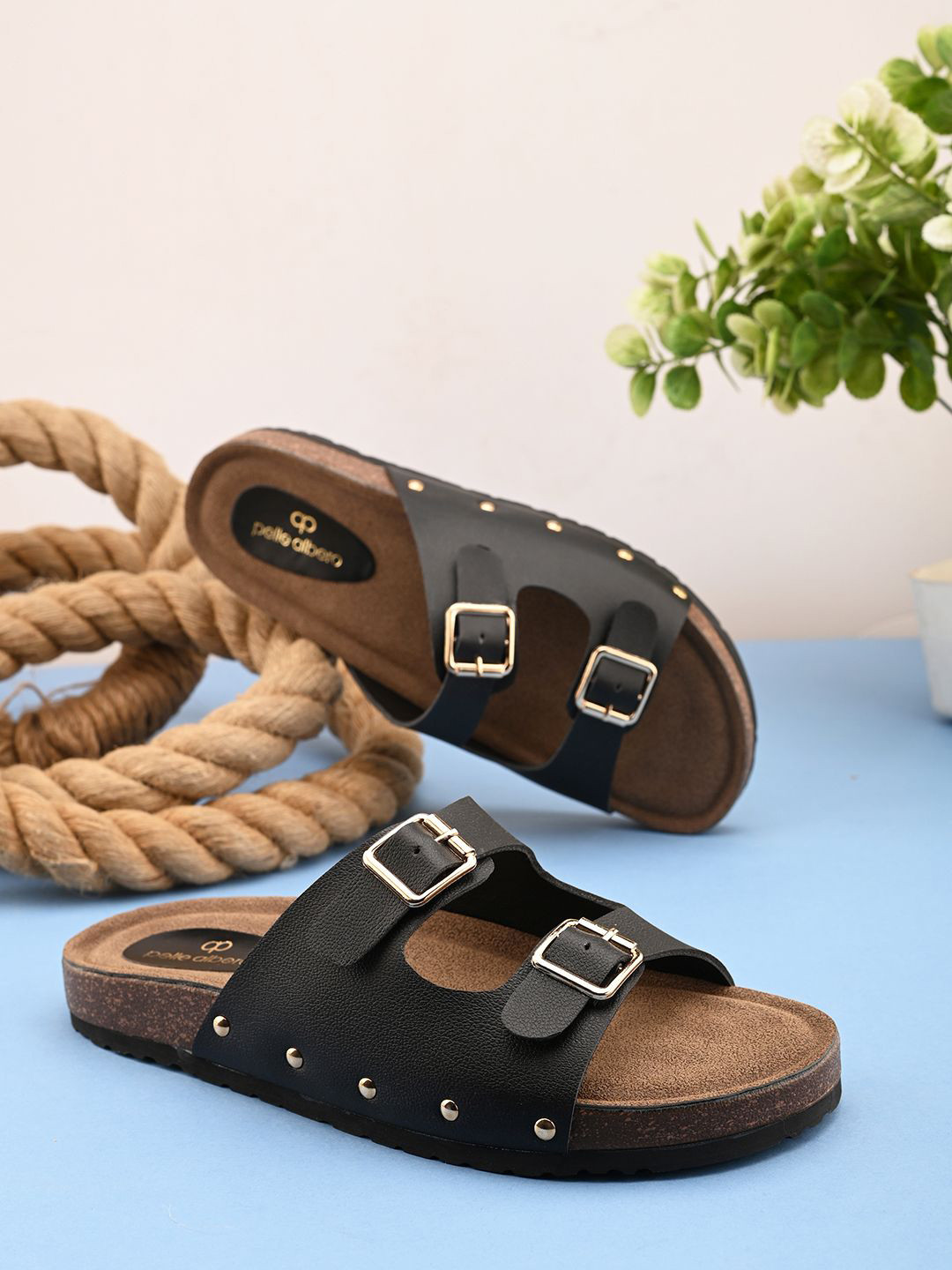 pelle albero Women Leather Slip on Embellished Comfort Slipper with Buckles