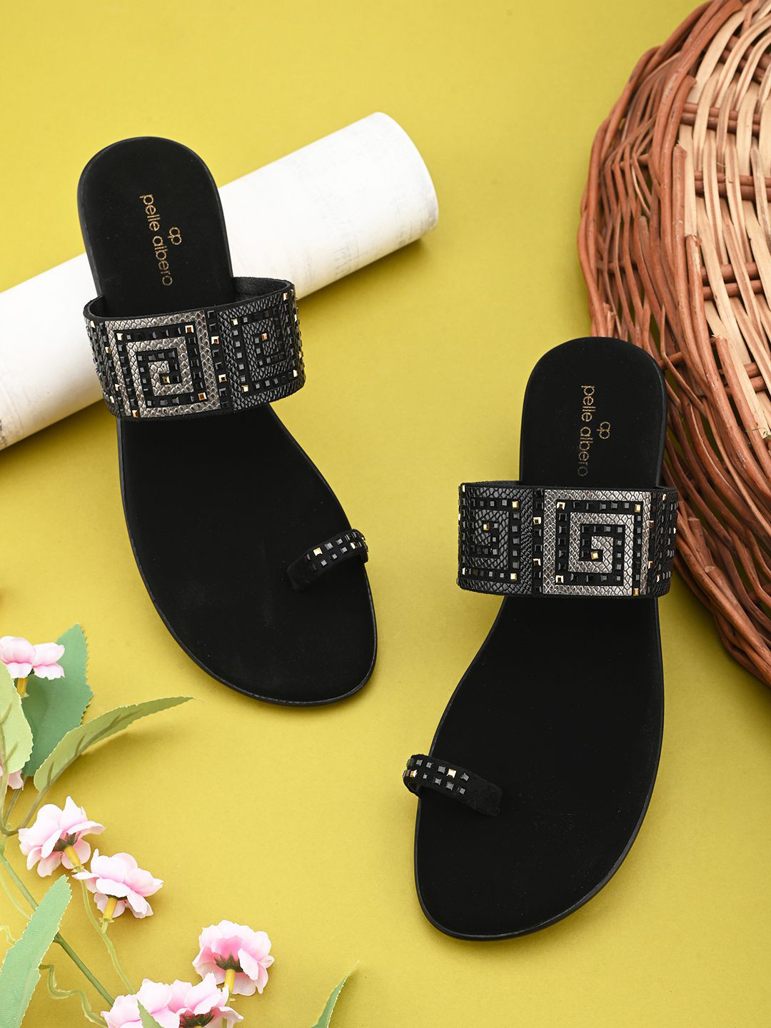 pelle albero Faux Leather Embellished Block Sandals