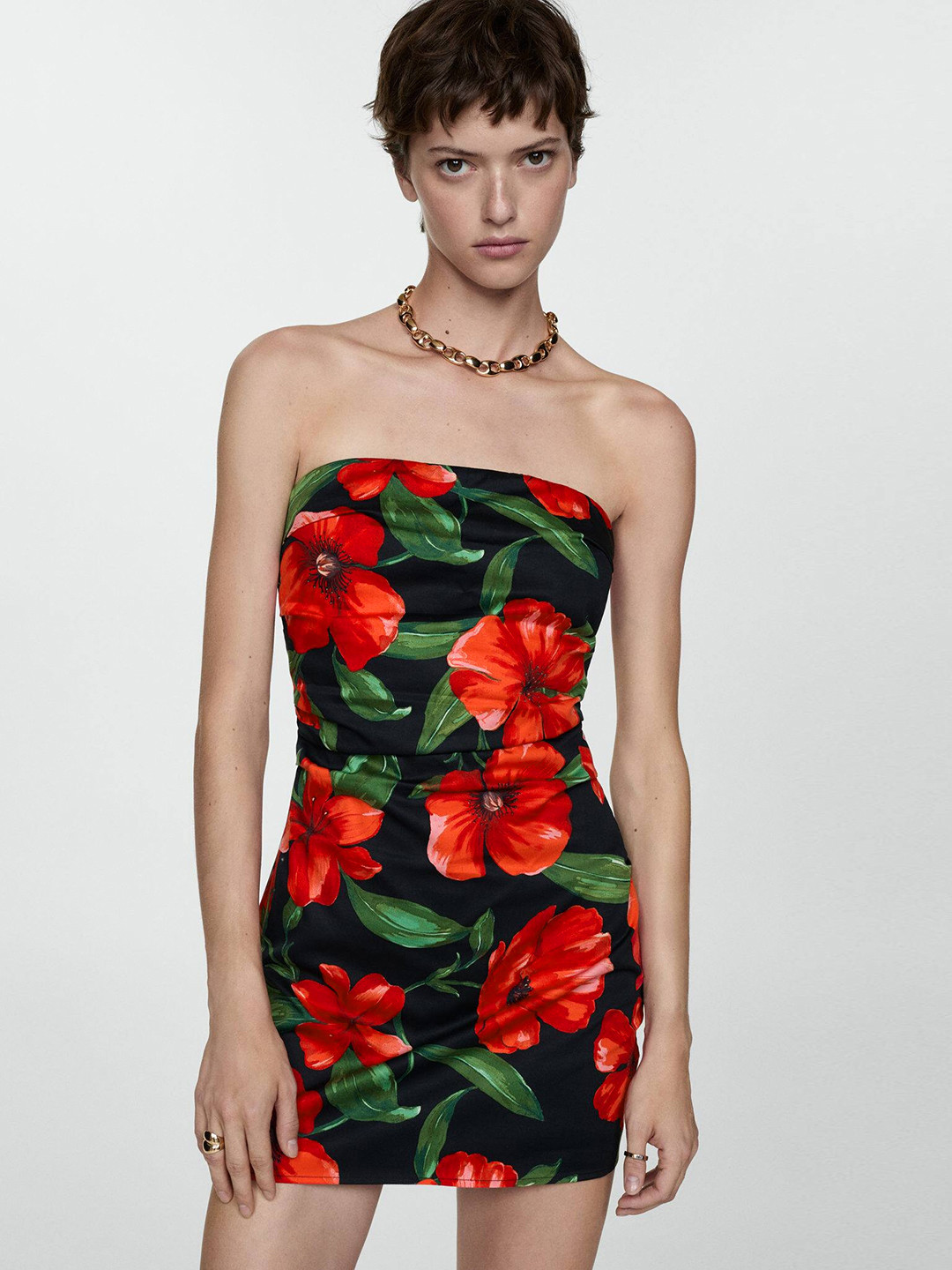 MANGO Pure Cotton Floral Print Off-Shoulder Bodycon Mini Dress