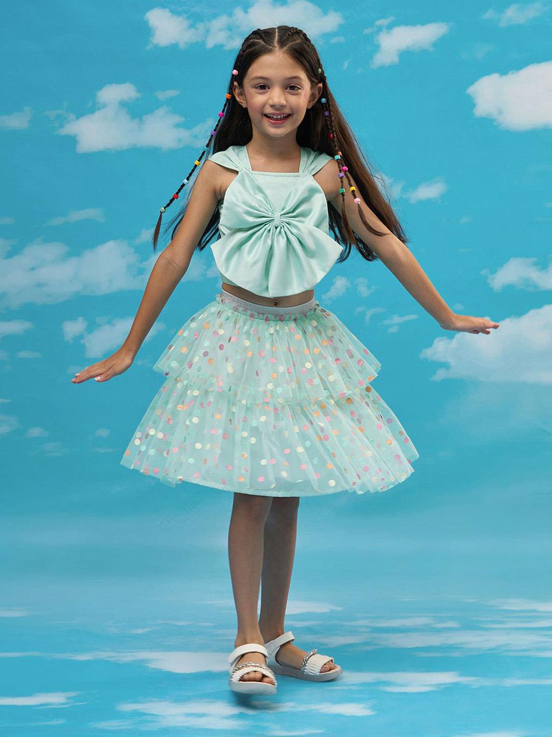 LIL DRAMA Girls Embellished Smocked Sleeveless Top With Skirt