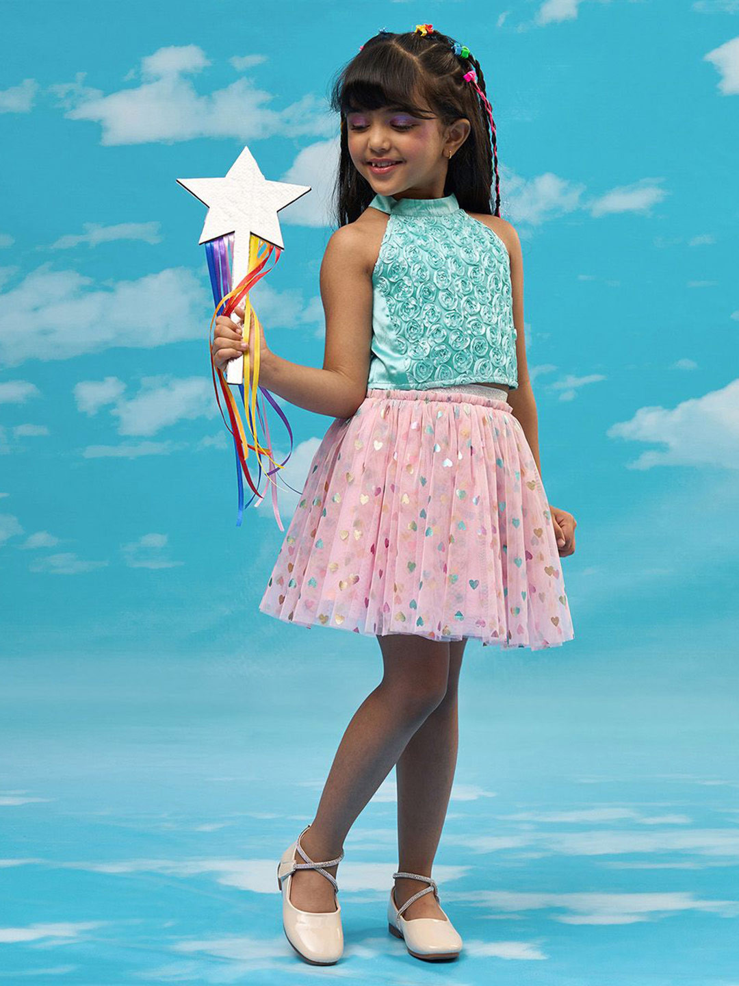 LIL DRAMA Girls Textured Sleeveless Top With Skirt