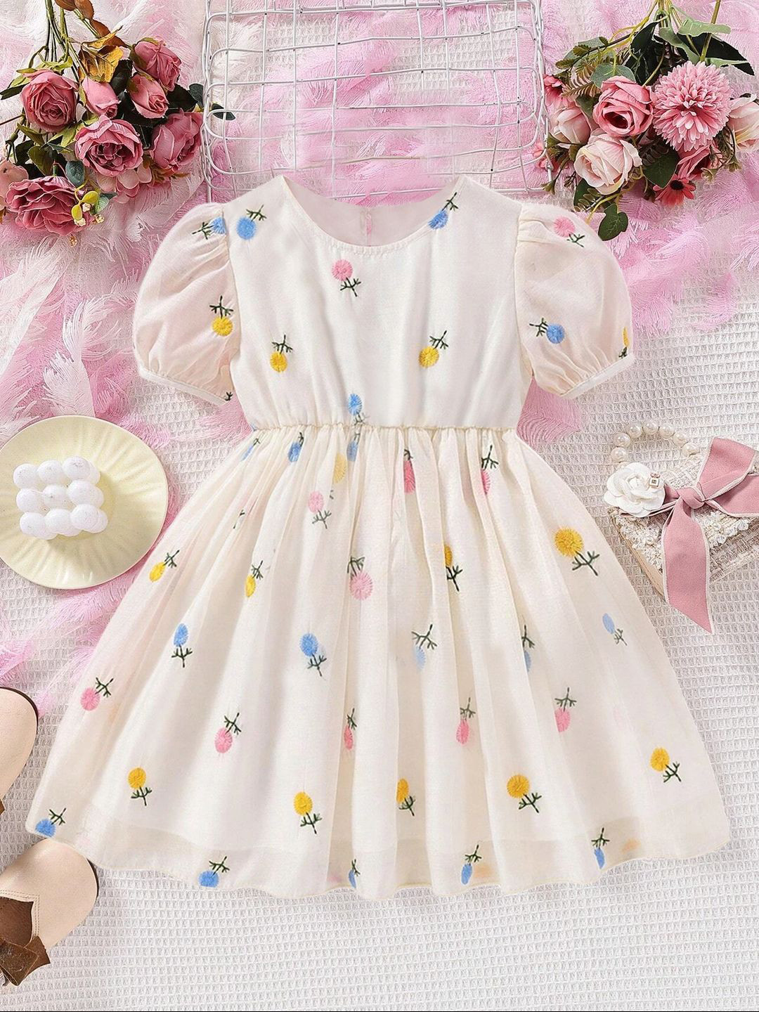 BAESD Girls Print Puff Sleeves Net Fit & Flare Dress