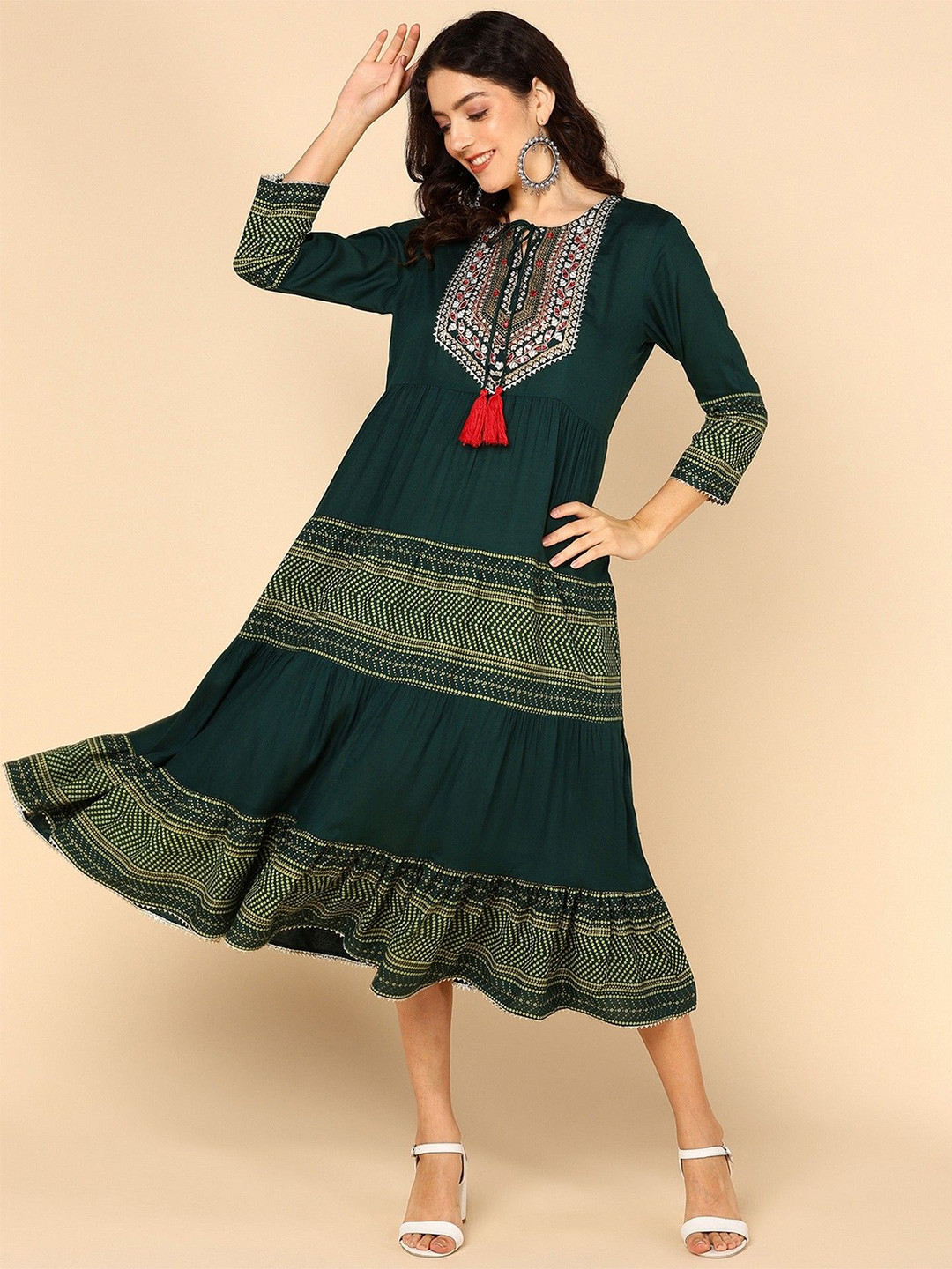 Shiv ali apparels Ethnic Motifs Printed Tie-Up Neck A-Line Midi Dress