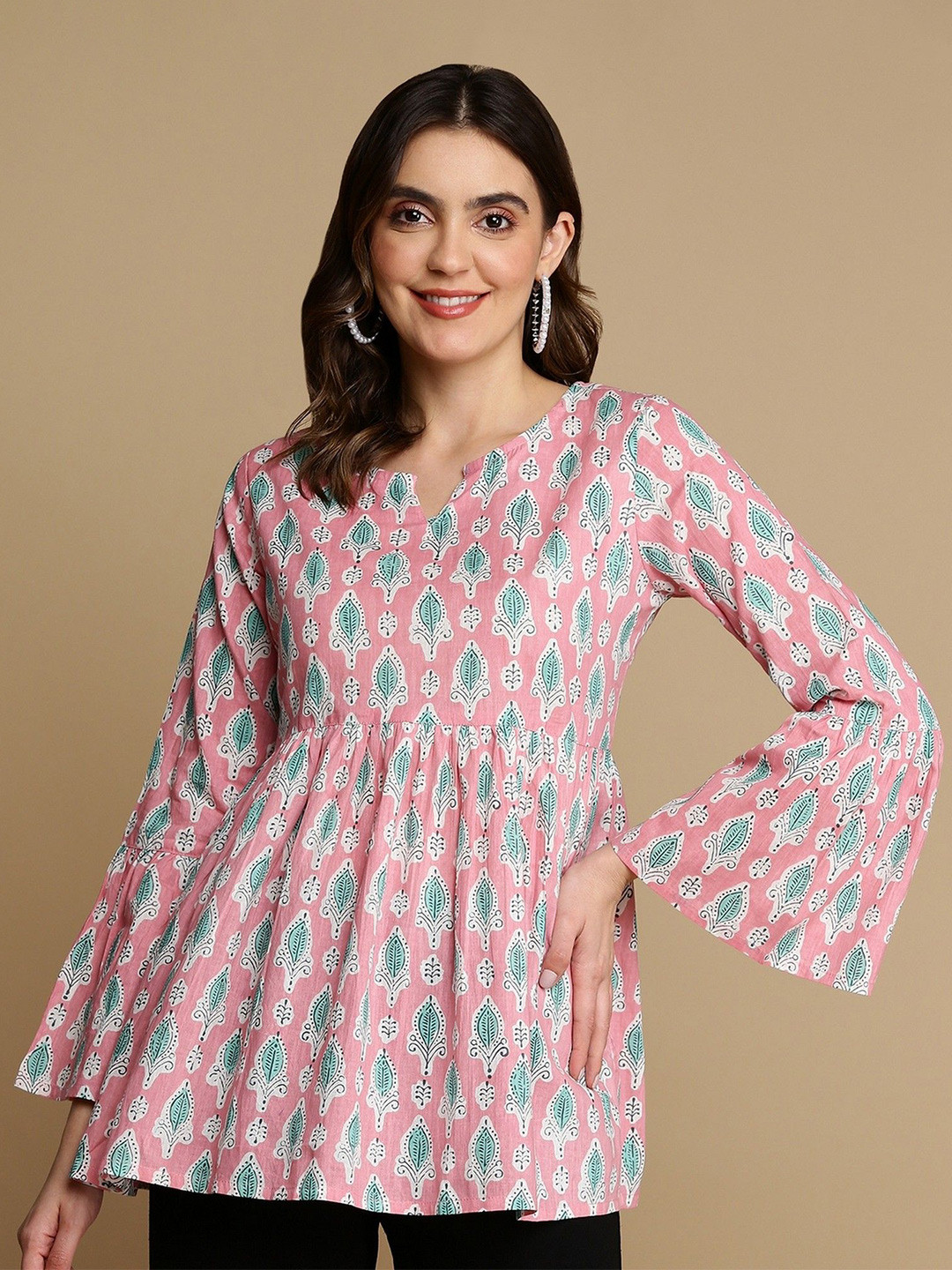 Shiv ali apparels Floral Printed Bell Sleeve Cotton Empire Longline Top