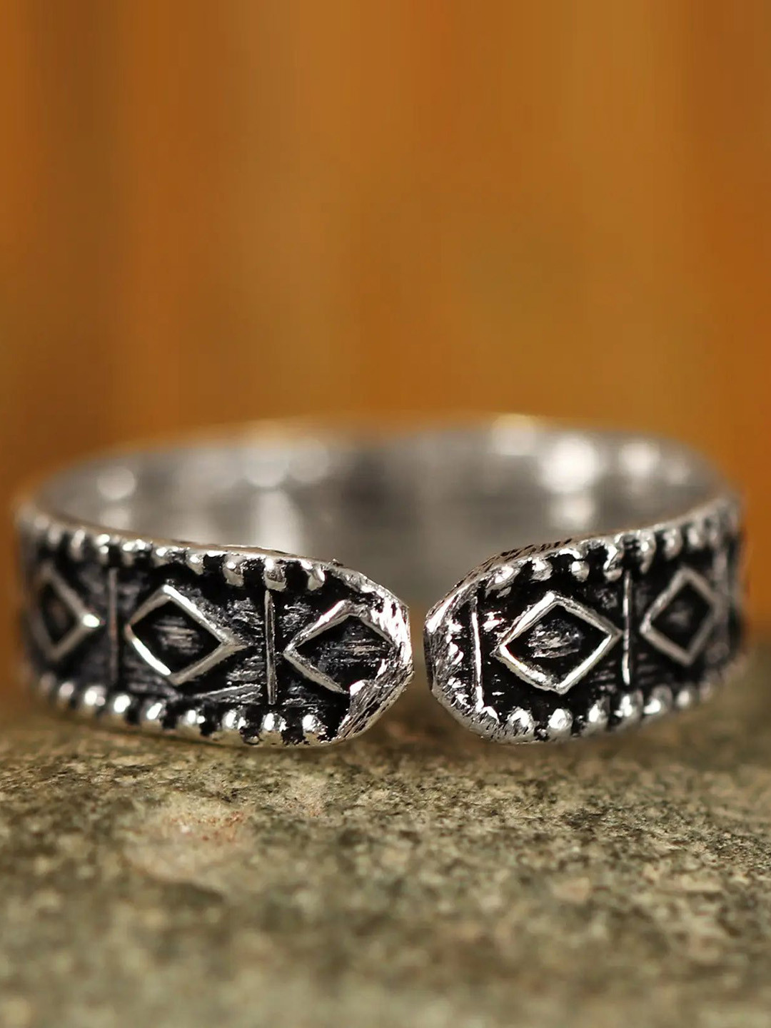 Exotic India Sterling Silver-Plated Oxidised Adjustable Finger Ring