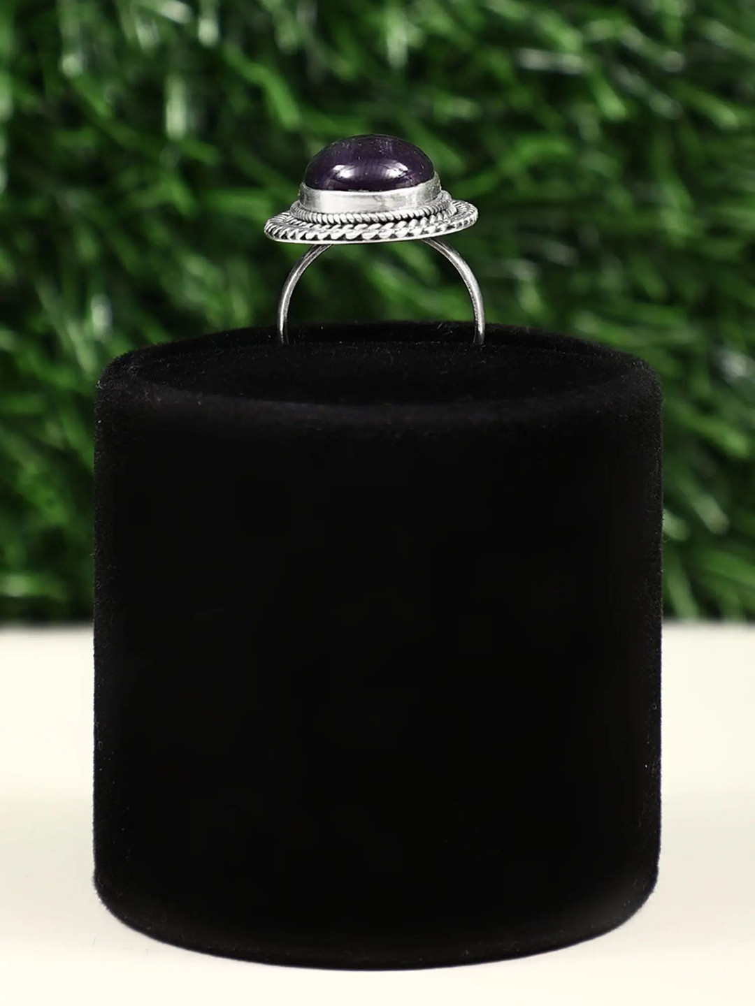 Exotic India Sterling Silver Designer Oval Cut Amethyst Gemstone Ring