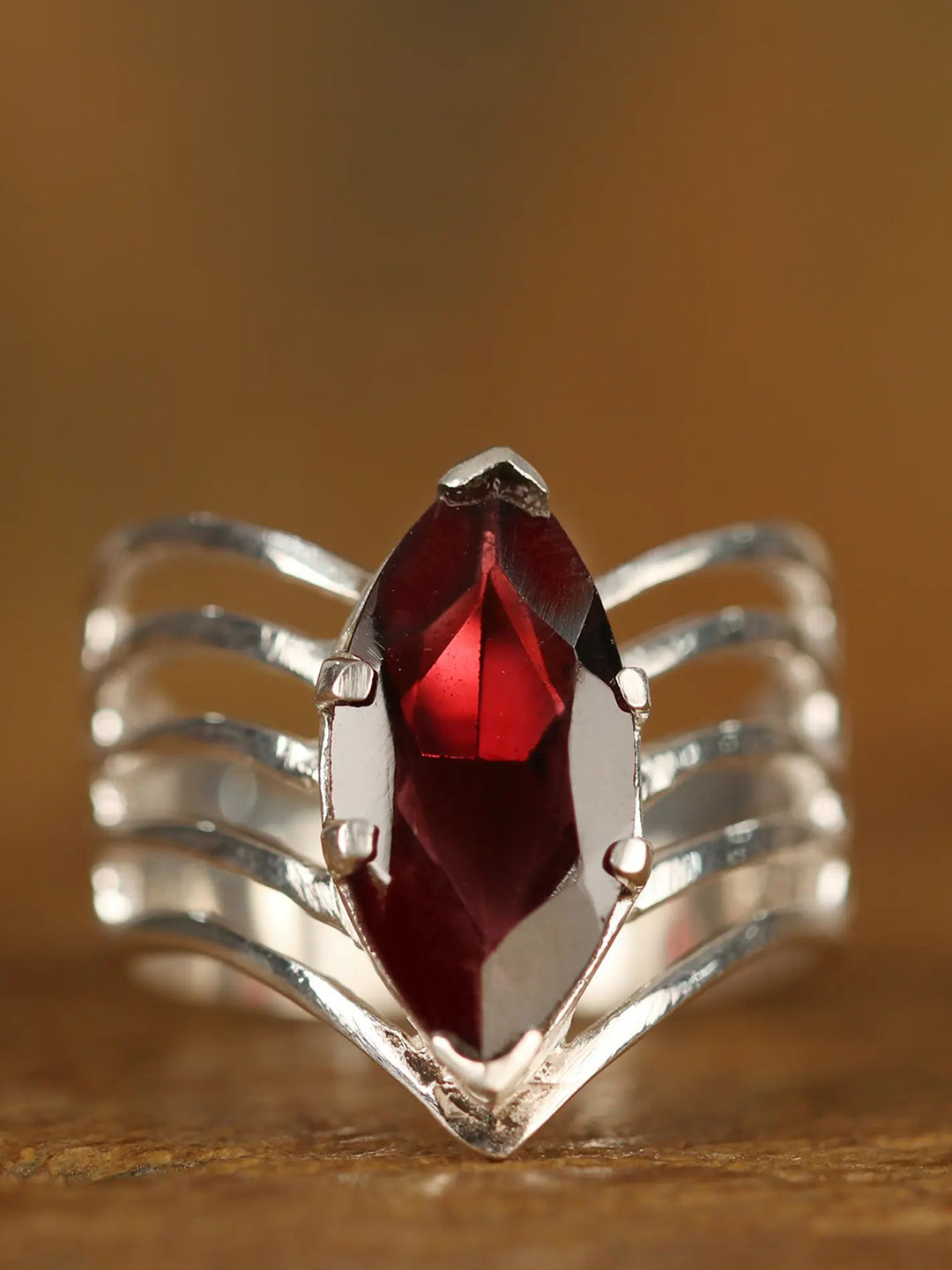 Exotic India Red Garnet Stone Sterling Silver Designer Cage Ring