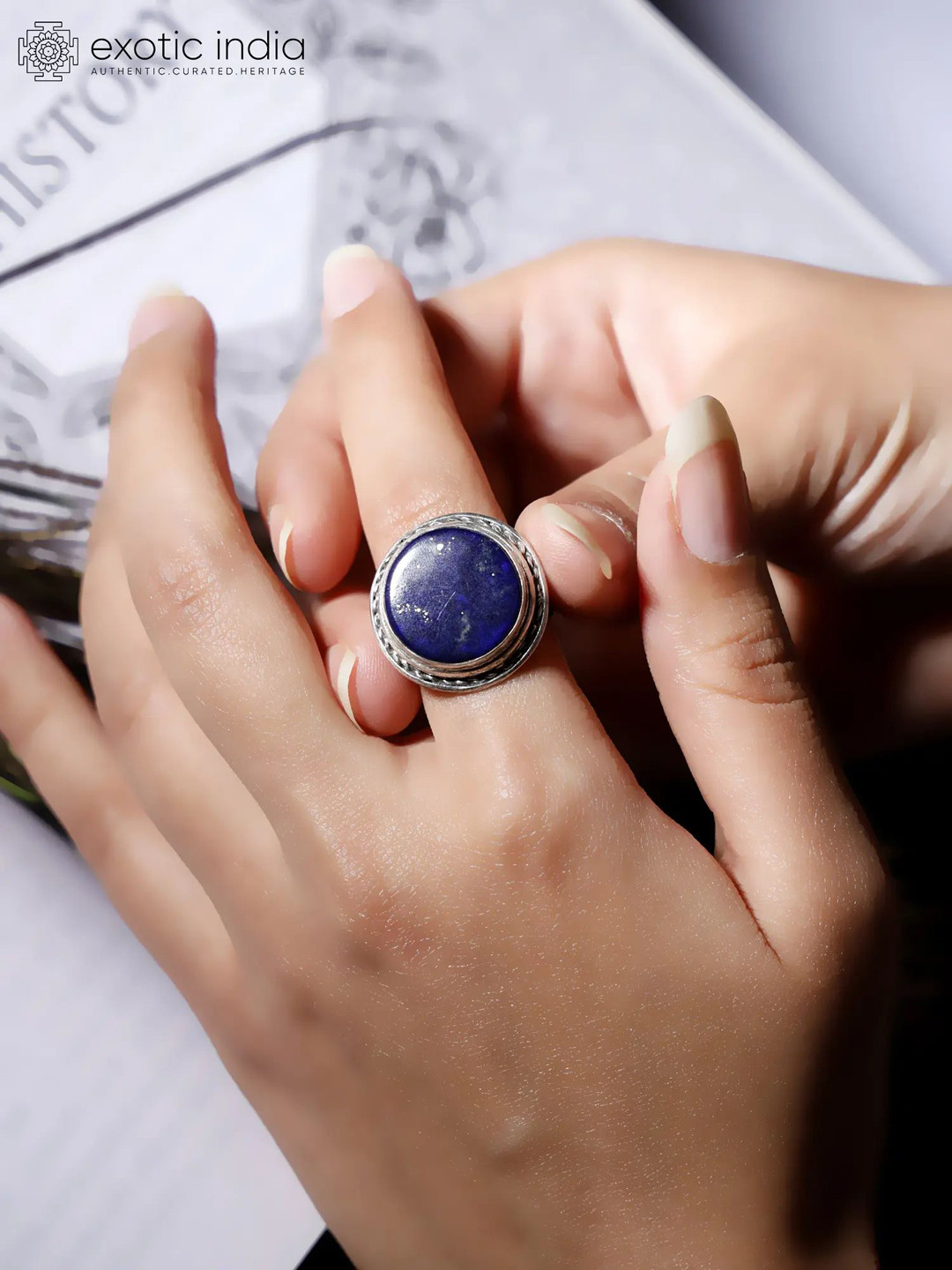 Exotic India Silver-Plated Stainless Steel Lapis Lazuli Stone Studded Finger Ring