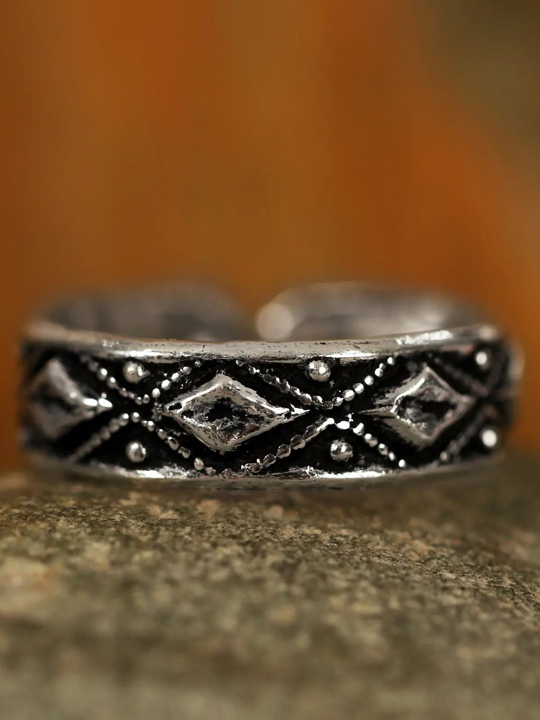 Exotic India Sterling Silver-Plated Oxidised Adjustable Finger Ring