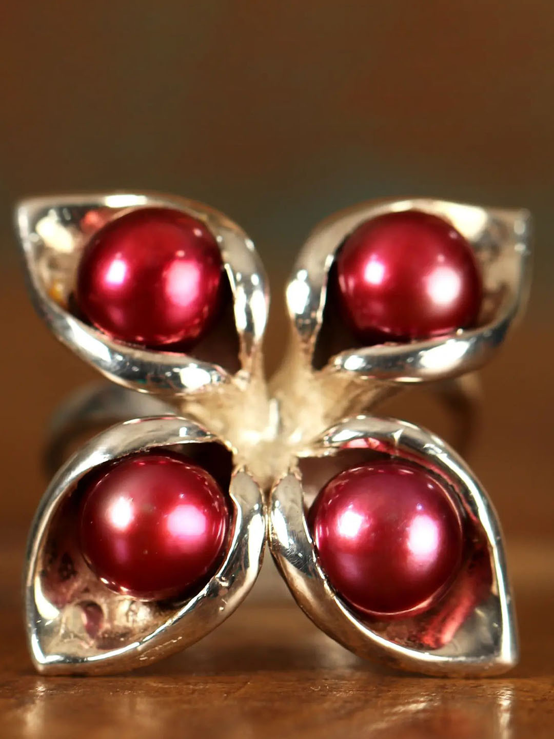 Exotic India Cinnamon Red Pearl Double Layered Sterling Silver Rings