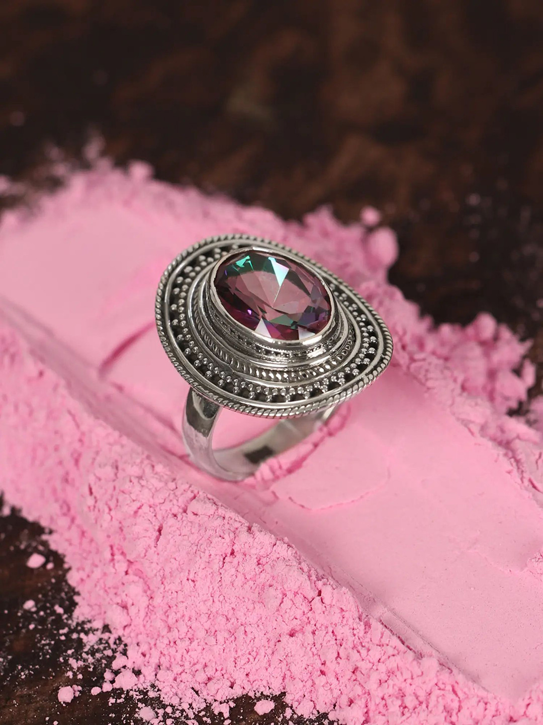 Exotic India Mystic Topaz Gemstone Sterling Silver Shield Pattern Rings