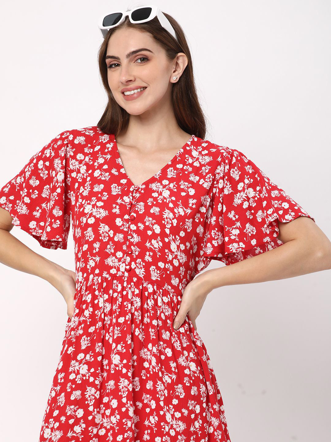 R&B V-Neck Floral Print V-Neck Flared Sleeve A-Line Dress