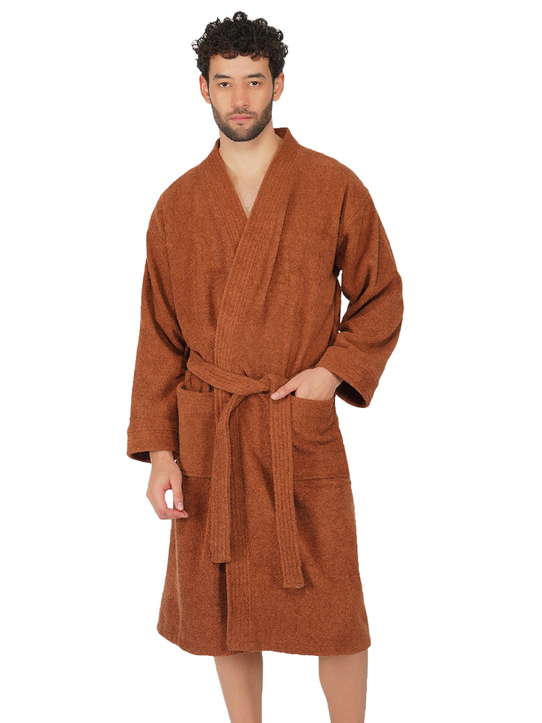 RANGOLI Side Pocket Brown Cotton Drawstring Knee Length Bath Robe with Pair Slipper-XL