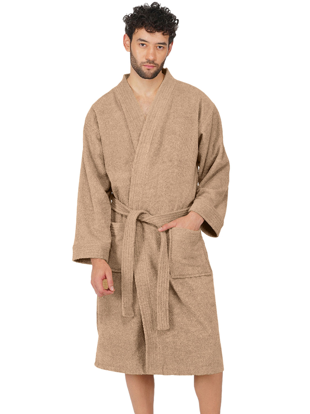 RANGOLI Side Pocket Beige Cotton Drawstring Knee Length Bath Robe with Pair Slipper-XL