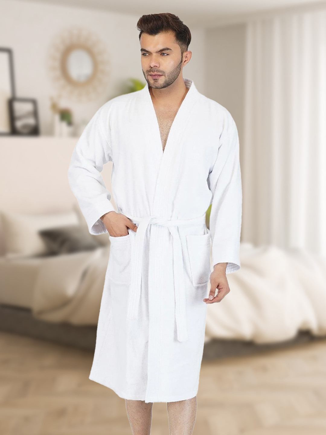 RANGOLI Side Pocket White Cotton Drawstring Knee Length Bath Robe with Pair Slipper-XL