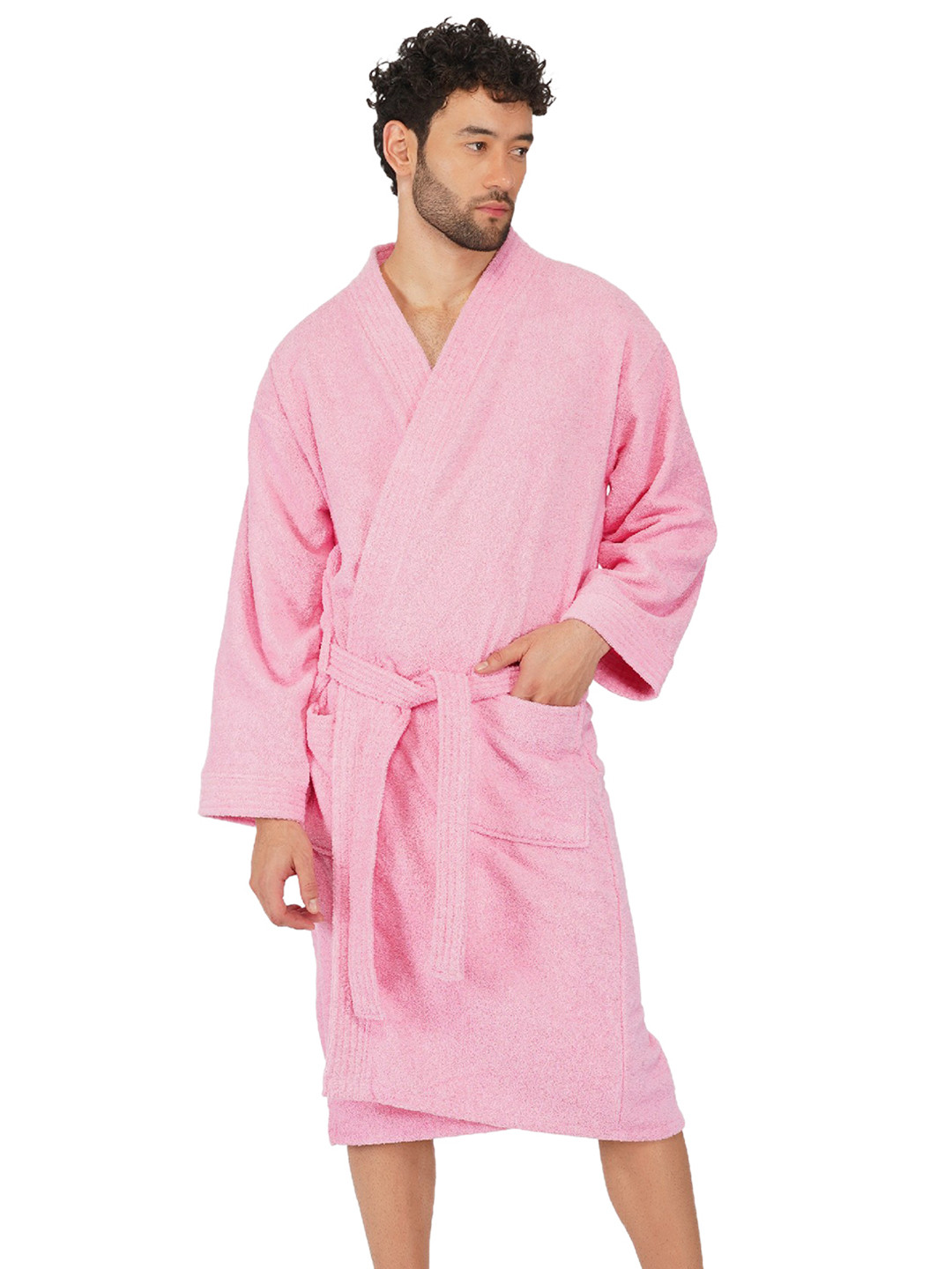 RANGOLI Side Pocket Pink Cotton Drawstring Knee Length Bath Robe with Pair Slipper-XL