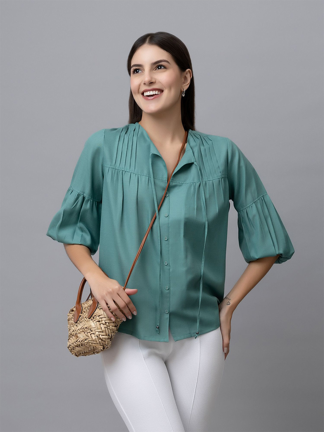 PURYS Women Solid Bell Sleeve Shirt Style Top