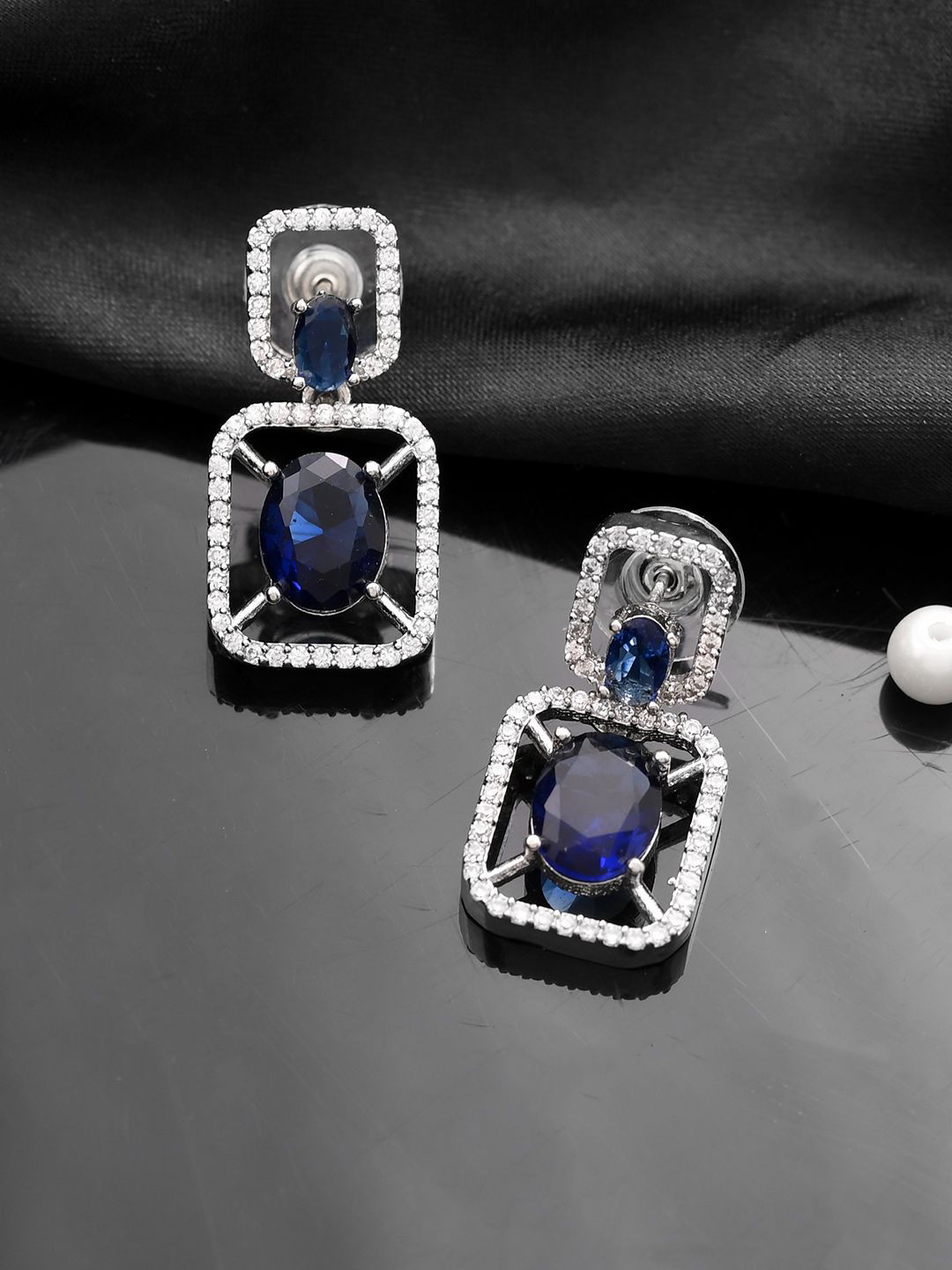 Silvermerc Designs Silver Plated American Dimond Studded Square Drop Earrings