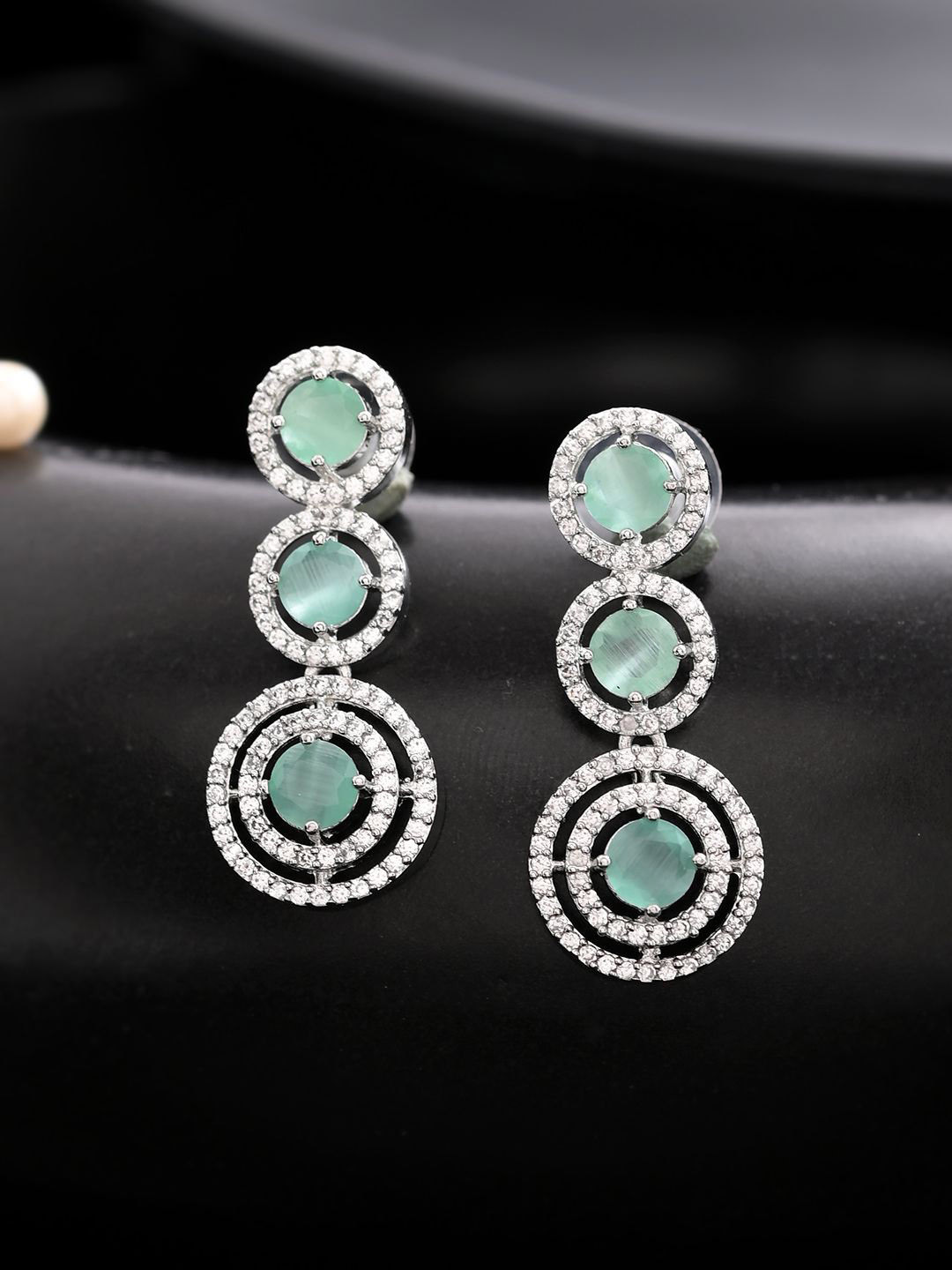 Silvermerc Designs Silver Plated American Dimond Studded Circular Drop Earrings