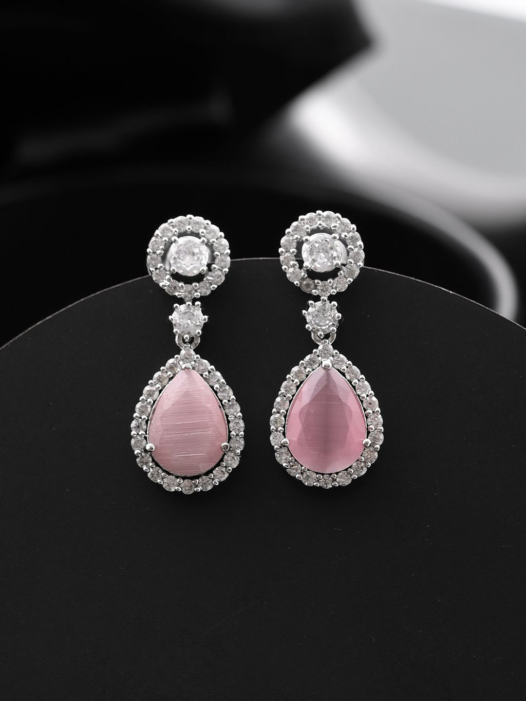 Silvermerc Designs Silver Plated American Dimond Studded Circular Drop Earrings