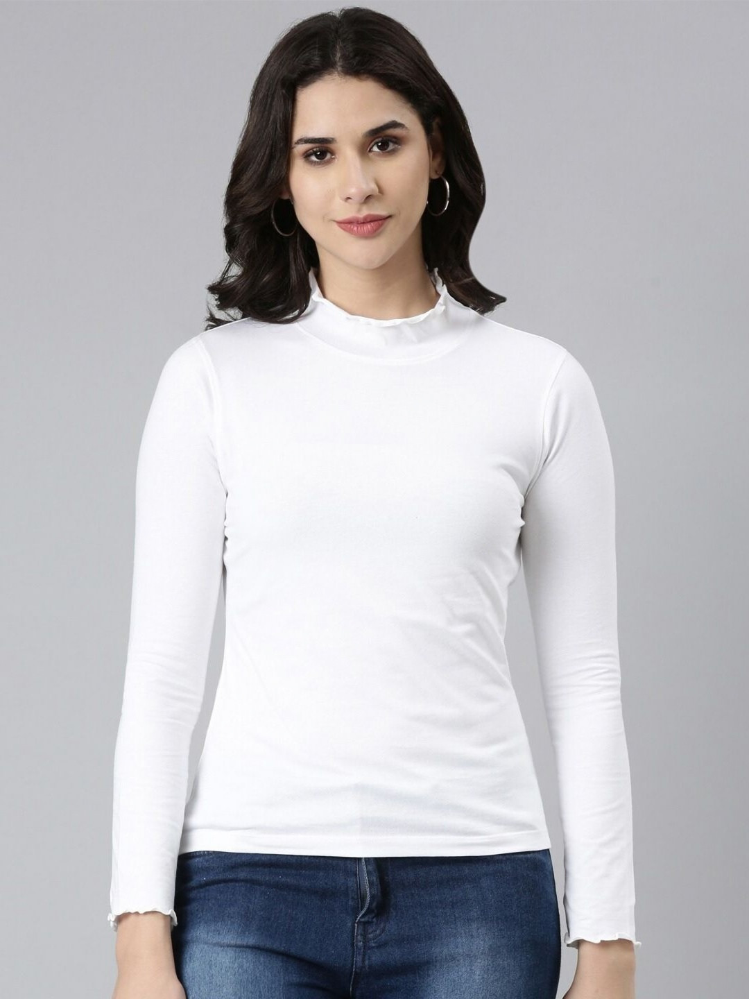 TWIN BIRDS Women Solid High Neck Slim Fit T-shirt