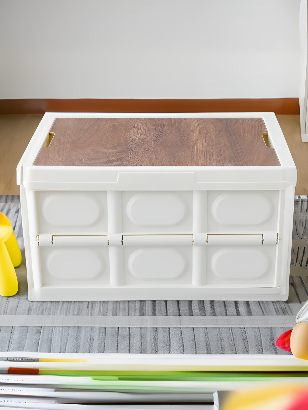 The Better Home White & Brown Textured Folding Storage Box With Lid 55 L