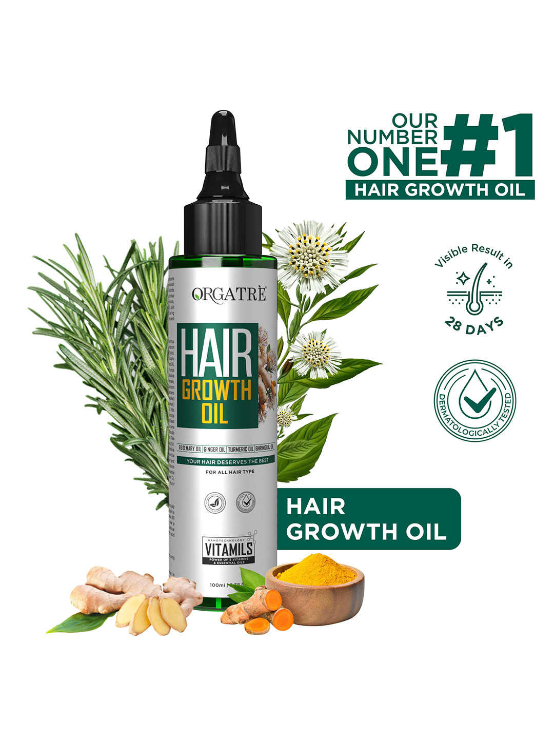 Orgatre Hair Growth Oil With Ginger Turmeric & Bhringraj - 100ml
