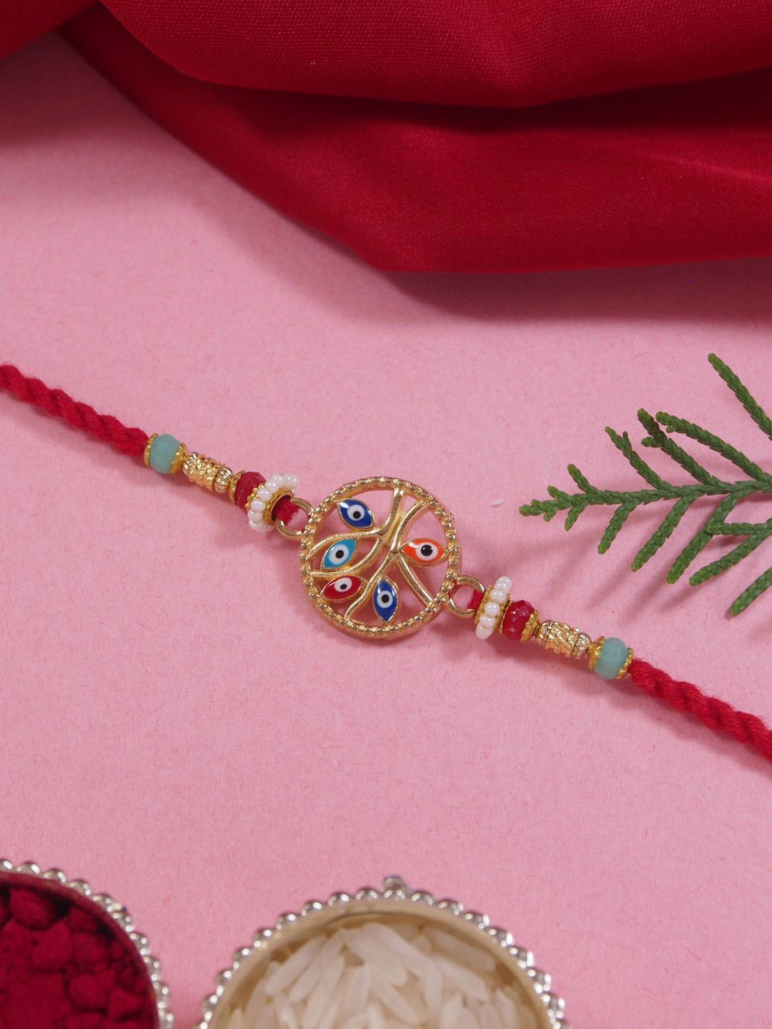 I Jewels Floral Thread Rakhi With Roli Chawal & Rakshabandhan Card
