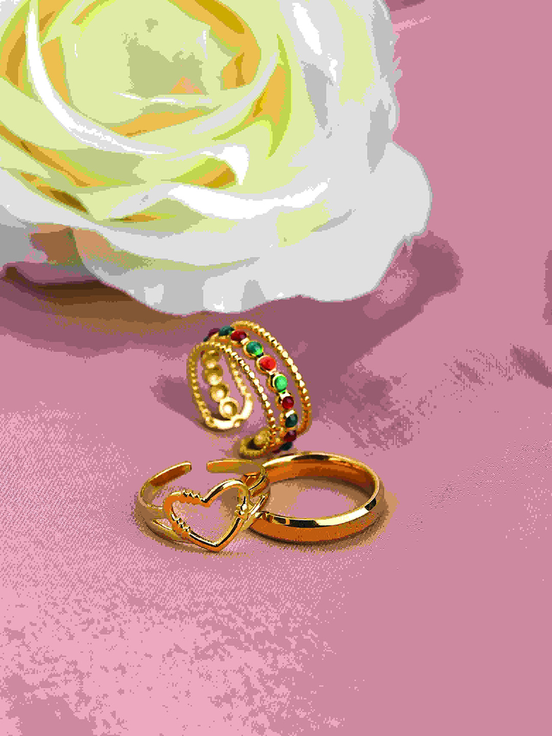 PALMONAS Set Of 3 Heart Enamel Gold-Plated Stone-Studded Adjustable Finger Rings