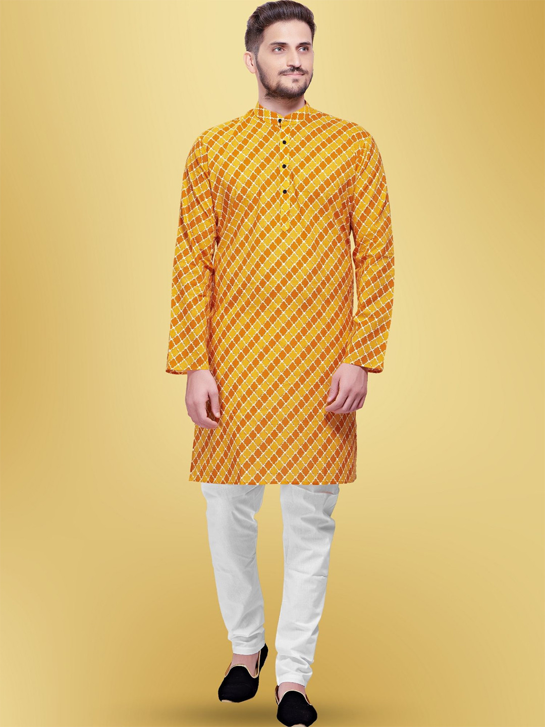 SHIWAM ETHNIX Mandarin Collar Checked Block Printed Cotton Straight Kurta