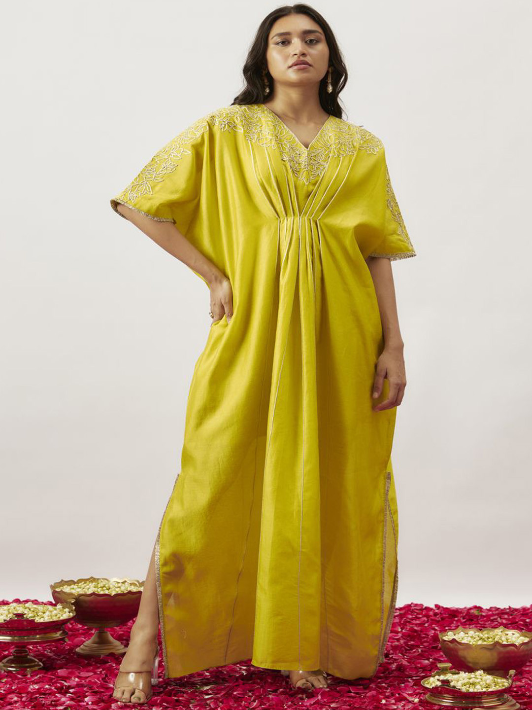 The Aarya V-Neck Embroidered Kaftan Maxi Dress