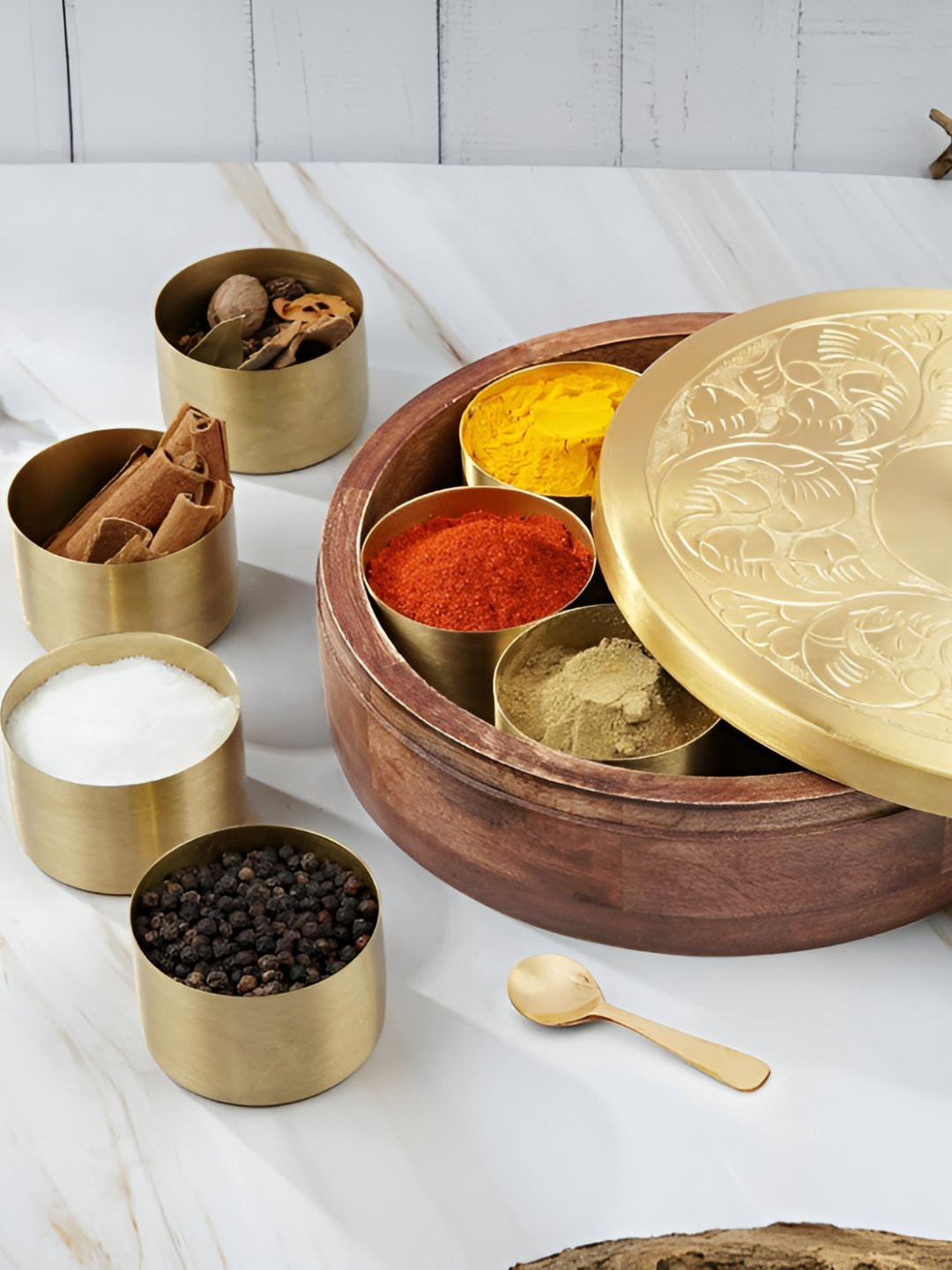 THE HOME CO. Silver Toned & Brown Wooden Spice Box With Lid & Spoon