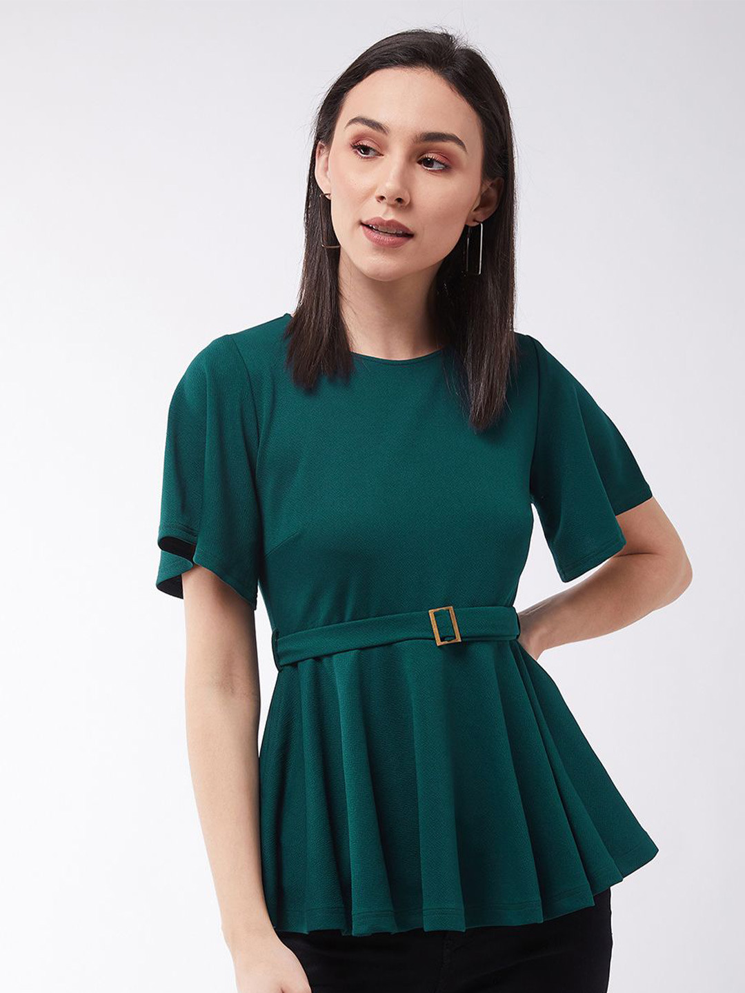 Miss Chase Flutter Sleeves Belted Peplum Top