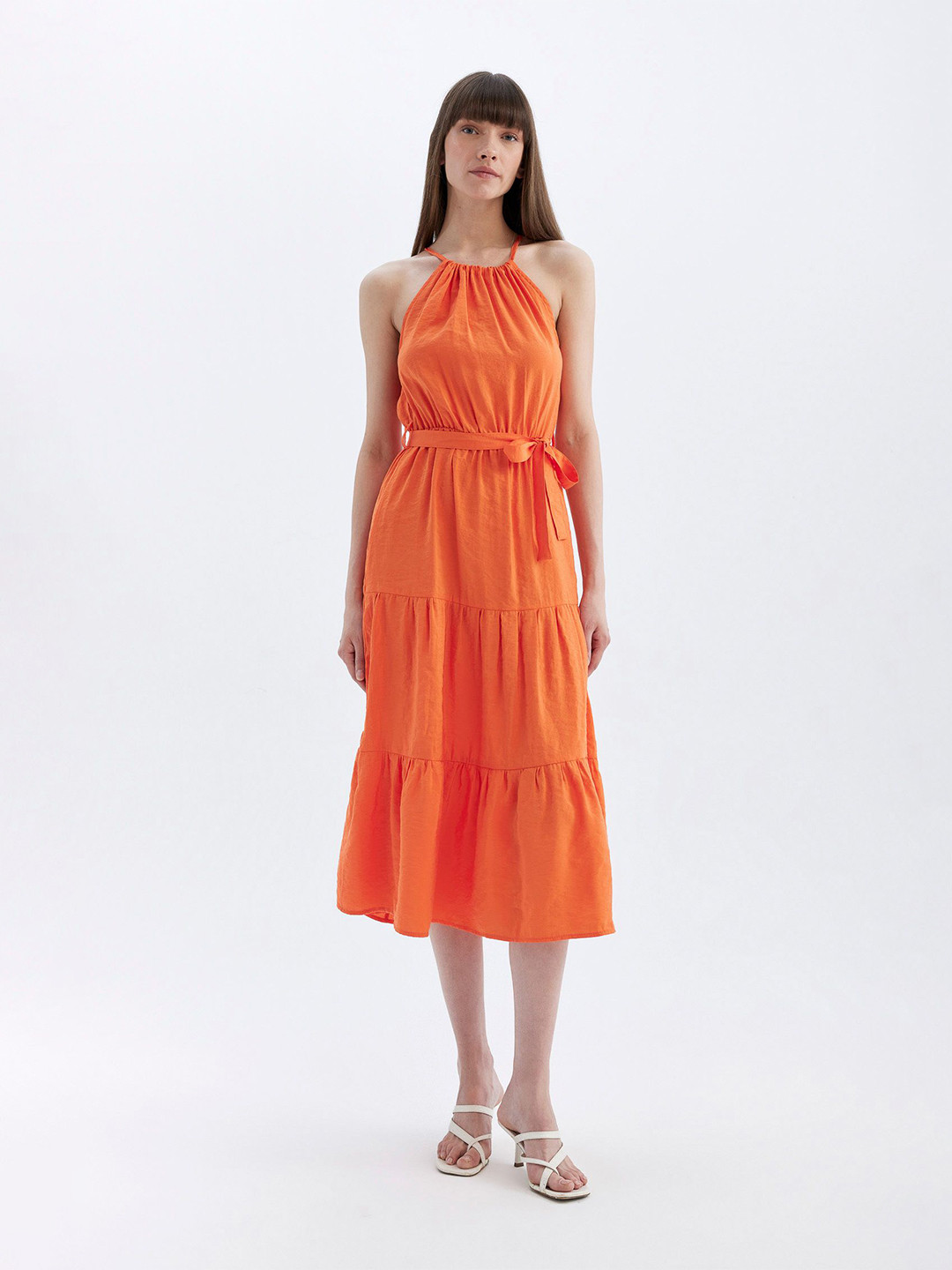 DeFacto Women Solid Halter Neck Sleeveless Modal Party Fit & Flare Midi Dress