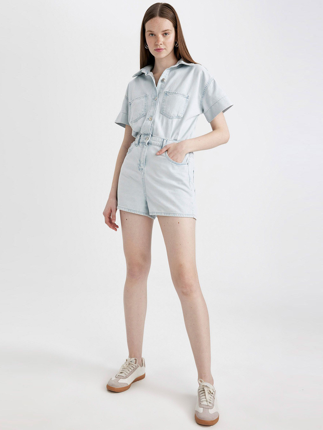 DeFacto Women Shirt Collar Denim Playsuit Denim Jumpsuit