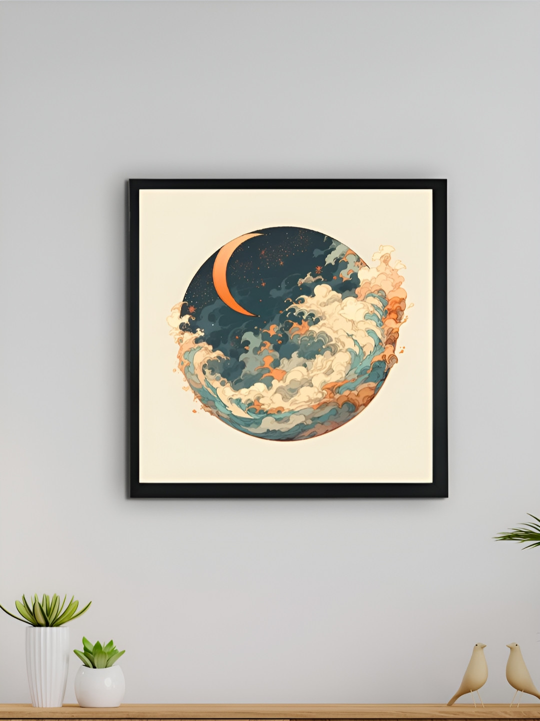 SOWPEACE Black & Cream Moon Over Earth Line Photographs  Wall  Art
