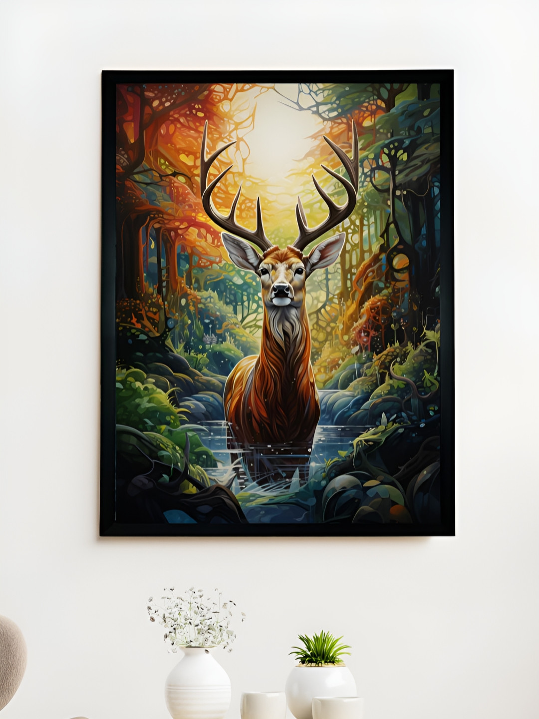 SOWPEACE Green & Brown Horn Deer Canvas Painting Wall Art