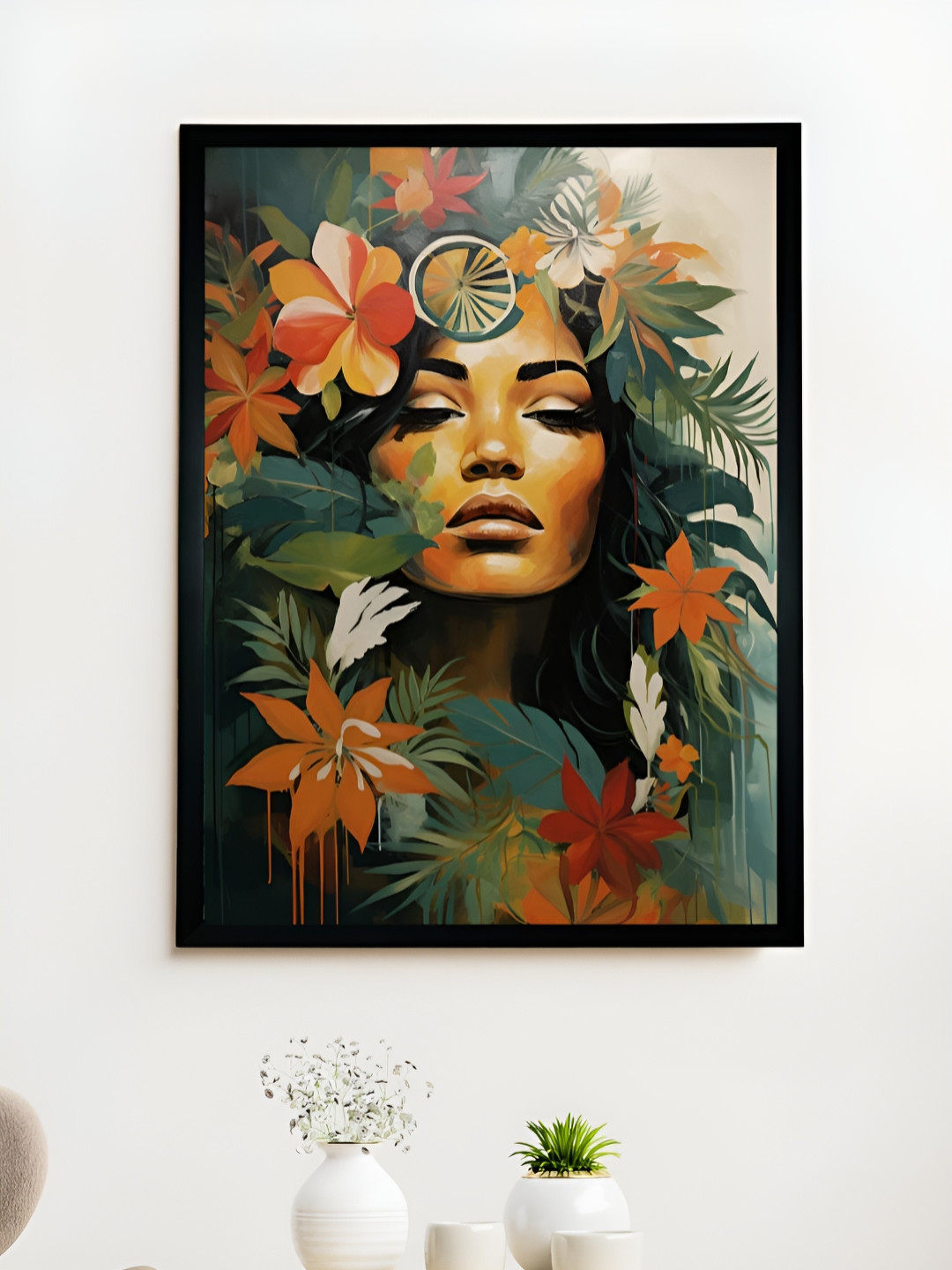 SOWPEACE Brown & Green Floral Face Canvas Painting Wall Art