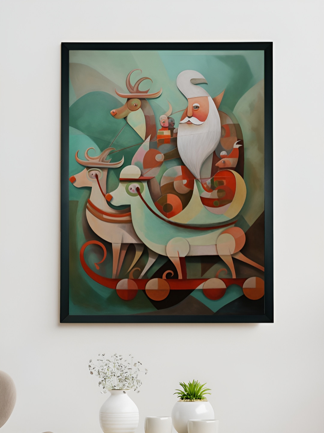 SOWPEACE Green & White Santa With Reindeer Photographs Wall Art
