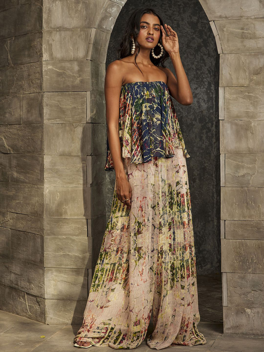 Bhanuni Printed Strapless Blouson Maxi Dress