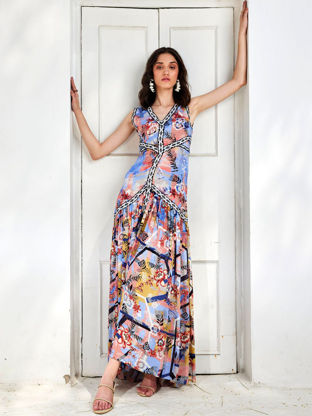 Bhanuni Women Printed Sleeveless Pleated Maxi Dress