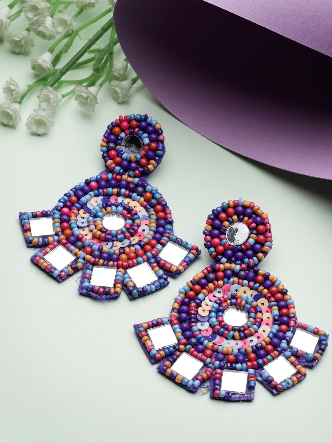 Moedbuille Silver-Plated Mirrors Beaded Contemporary Drop Earrings