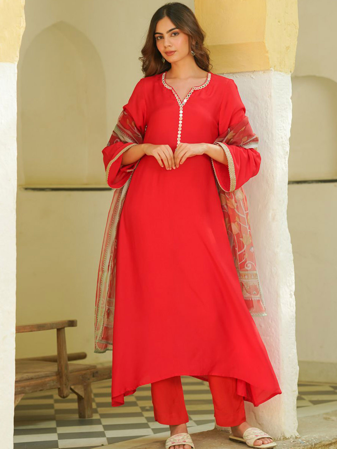 Ambraee Mirror Work A-Line Kurta With Trousers & Dupatta